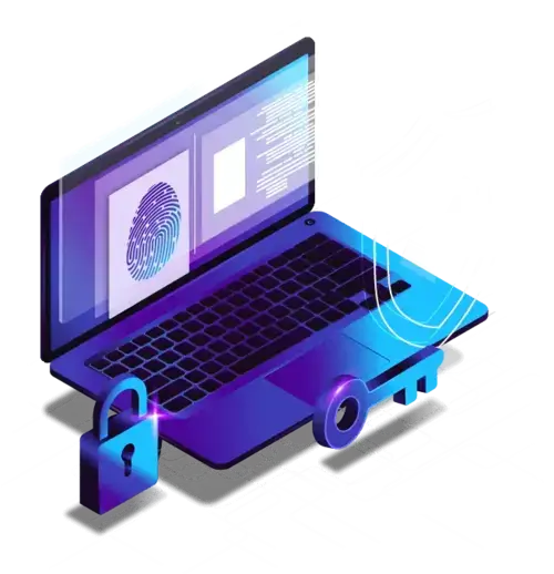 Illustration of three people working on laptops with abstract digital elements.