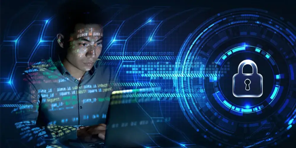 Image of a cybersecurity service related to vulnerability assessment, featuring a magnifying glass and digital network lines.