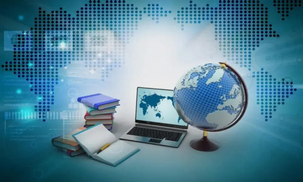 Image showing cybersecurity solutions for the education sector with icons of books and digital devices.