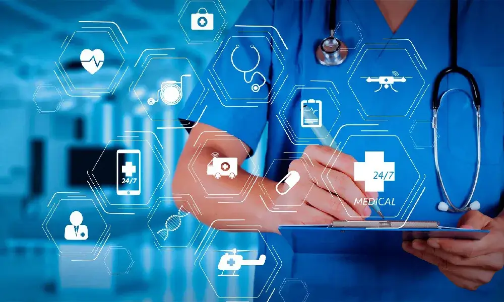Image showing cybersecurity solutions for the healthcare sector with icons of medical equipment and digital devices.