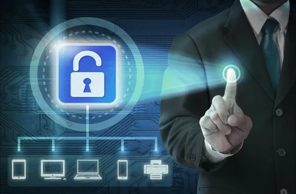 Image of a home page section focusing on cybersecurity solutions with a digital theme and lock icon.