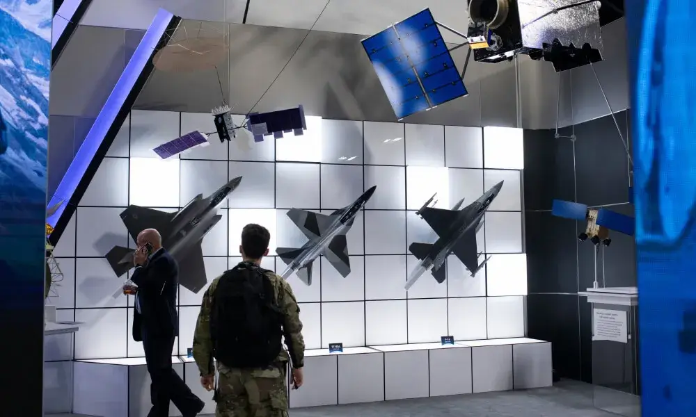 Image showing cybersecurity solutions for the military sector with icons of military equipment and digital devices.